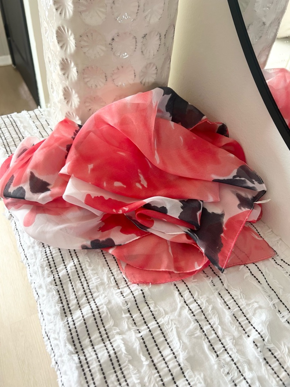 Vintage Coral Red and Black Floral Nylon Scarf